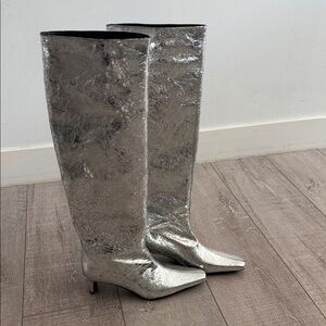 STAUD Shiny Silver Knee-High Heeled Boots